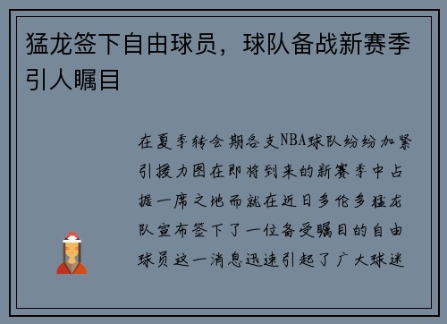猛龙签下自由球员，球队备战新赛季引人瞩目