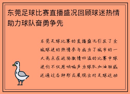 东莞足球比赛直播盛况回顾球迷热情助力球队奋勇争先